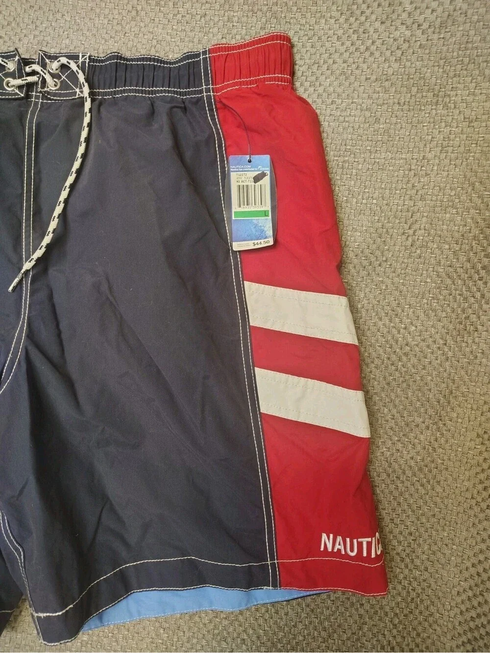 NWT Nautica Swim Trunks Mens Large Navy Colorblock Board Shorts Printed Logo New